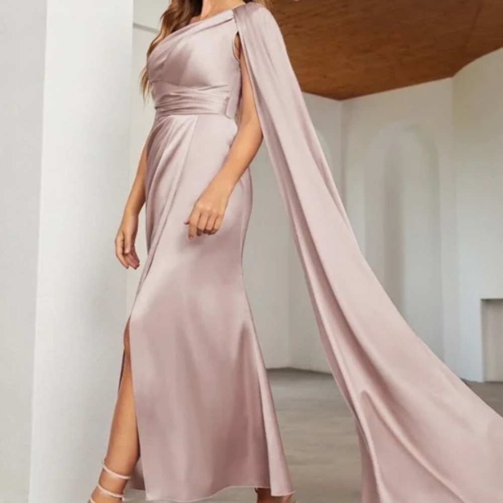 Luxe One shoulder Party Formal Evening Prom Satin Wedding Dress - Picture 2 of 15